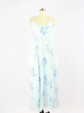 Handmade WORTH Upcycled Blue Floral Polycotton A-Line Midi Dress, Size L